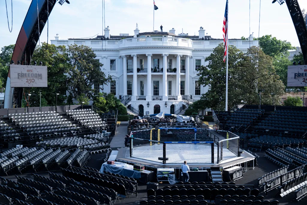 A media preview of the UFC "Claw" and octagon fighting ring set up on the South Lawn of the White House.