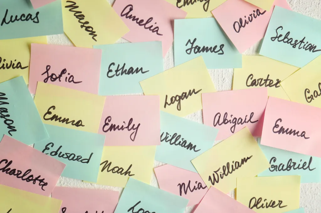Sticky notes with names like Lucas, Sofia, Ethan, Amelia, James, Olivia, Sebastian, Logan, Abigail, Emma, Edward, Noah, Charlotte, Carter, Gabriel, Mia, William, and Oliver, representing choices for a baby name.