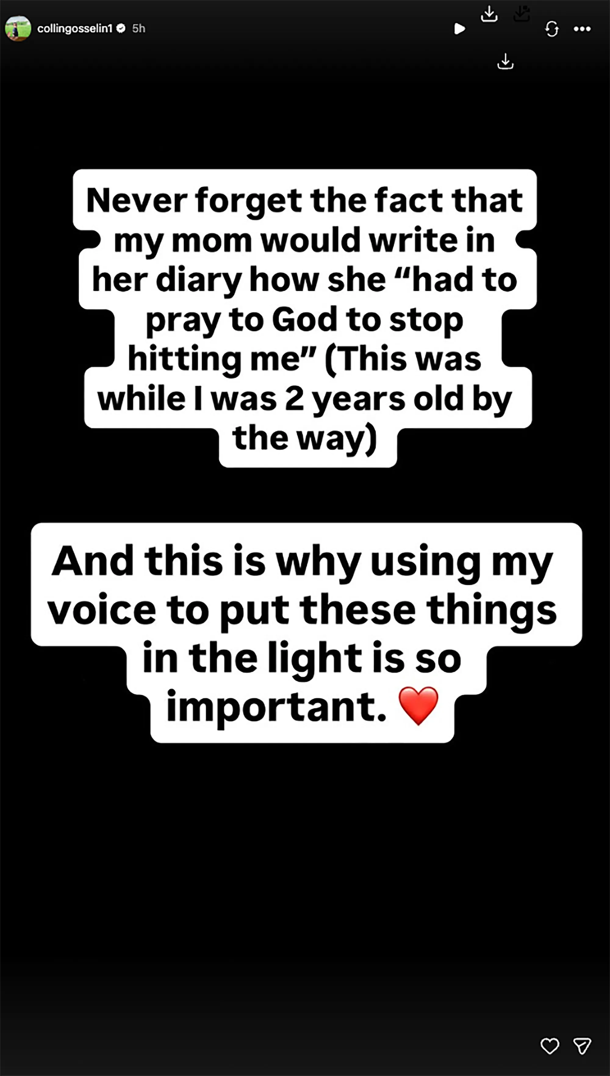 A social media post from Collin Gosselin about his estranged mother, Kate, stating she wrote in her diary about praying to God to stop hitting him when he was 2 years old.