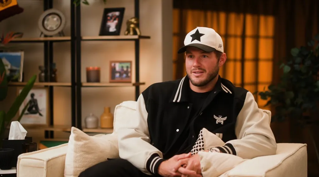 Colton Underwood seated, wearing a baseball cap with a black star, and a black and white varsity jacket.