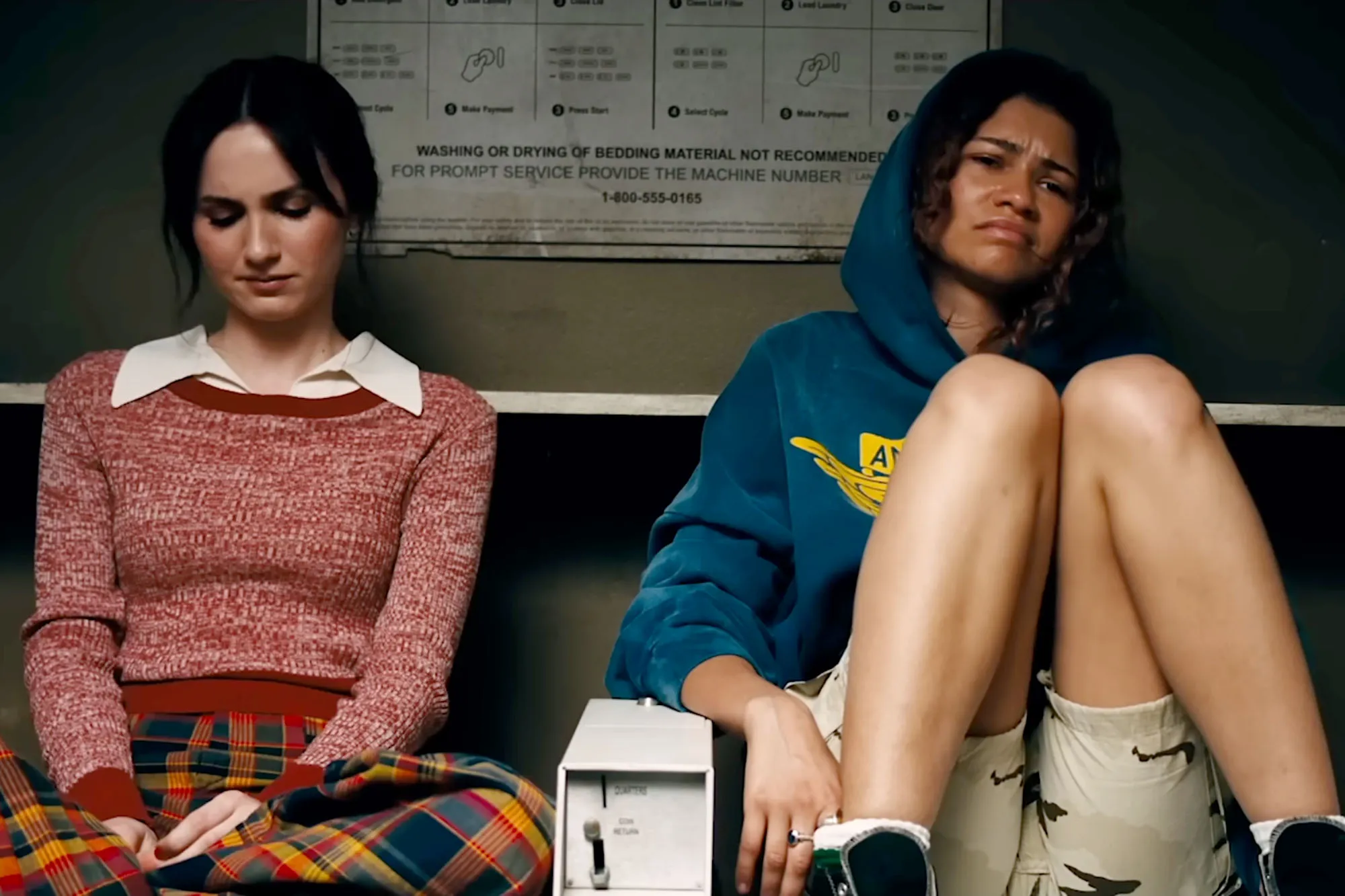 Zendaya and Sydney Sweeney as their characters Rue and Cassie from the show Euphoria, looking forlorn.