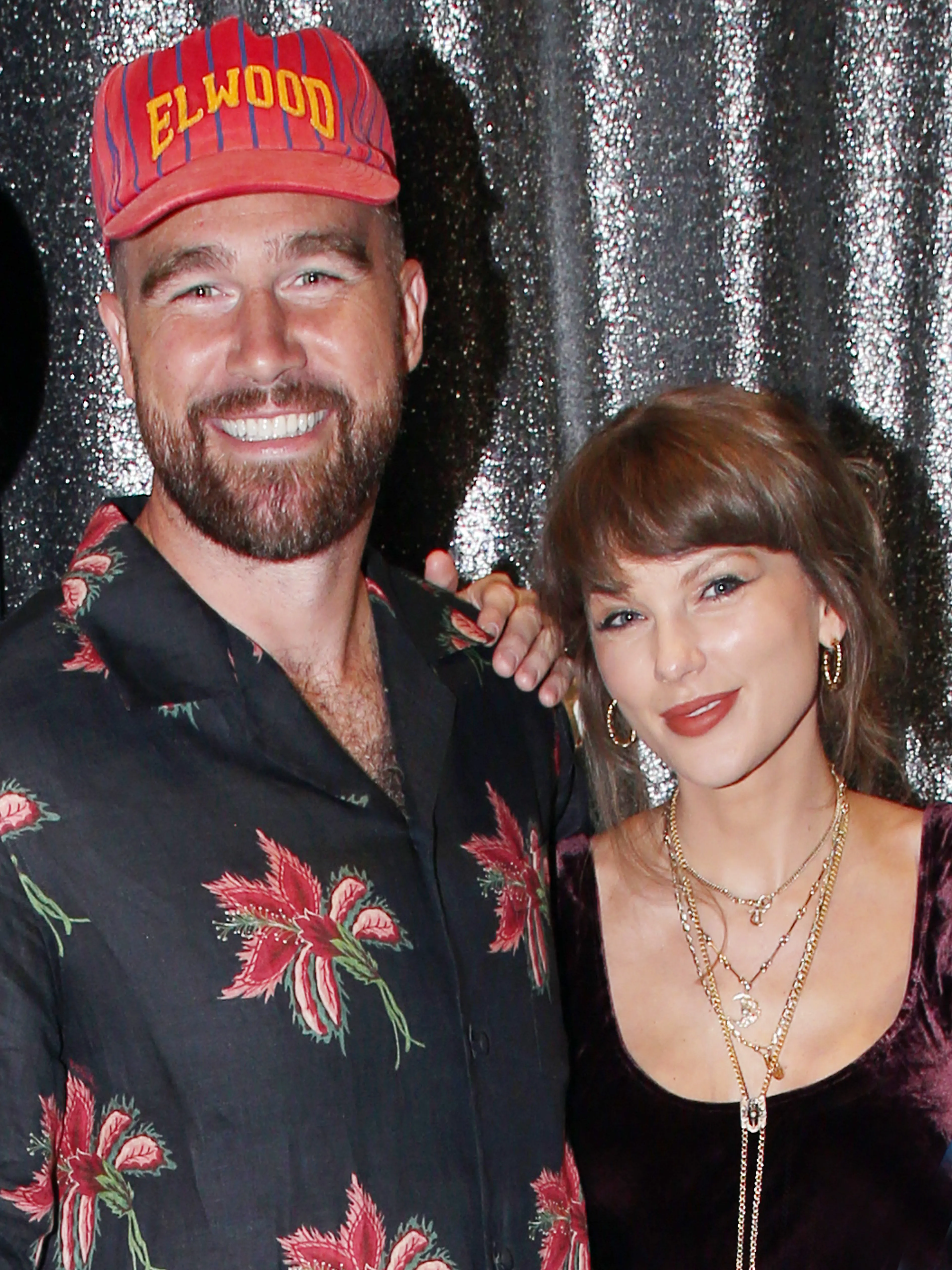 Travis Kelce and Taylor Swift posing backstage at the Broadway show "Oh, Mary!"