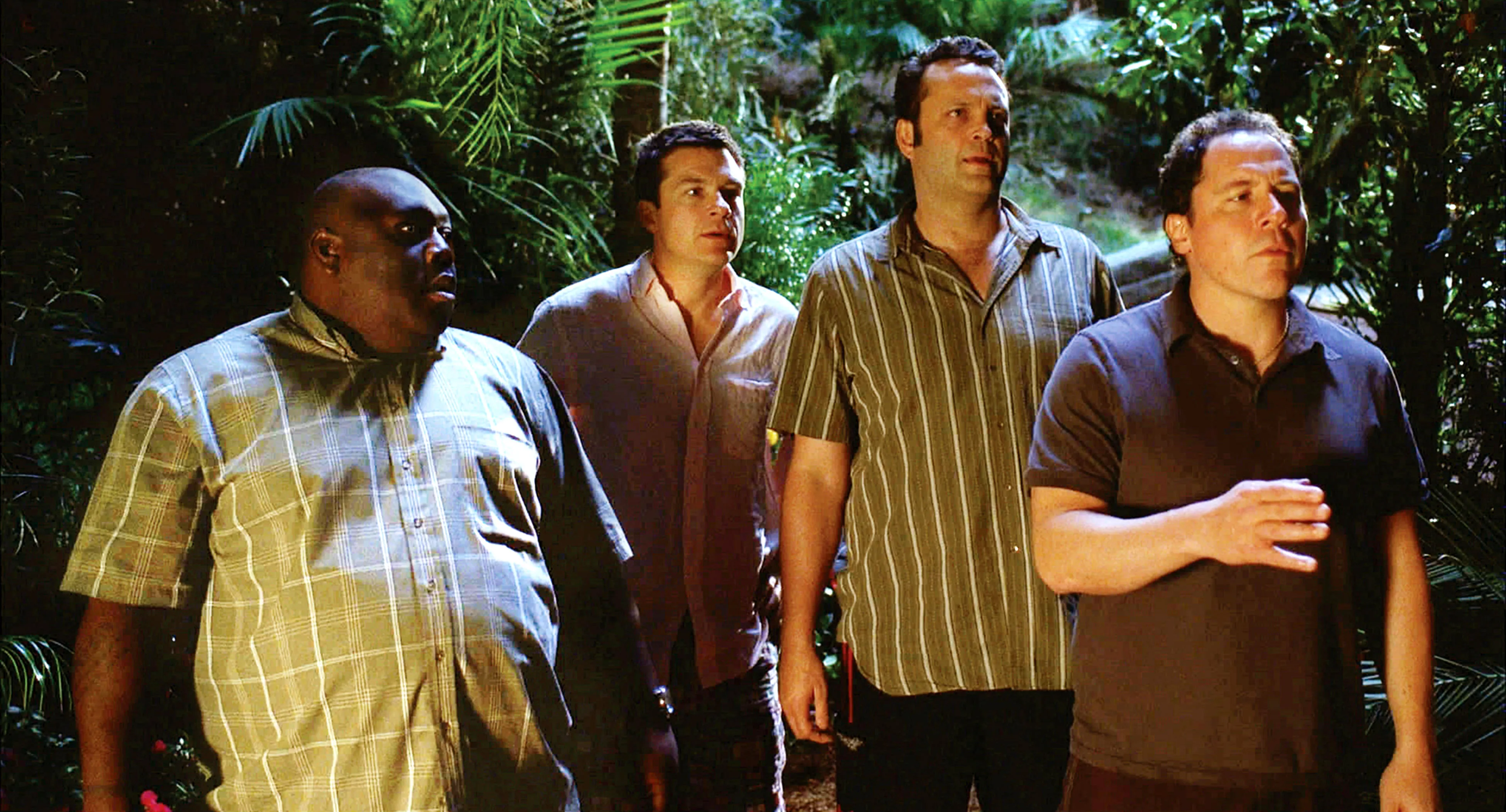 Film still of actors Faizon Love, Jason Bateman, Vince Vaughn, and Jon Favreau from the movie Couples Retreat.