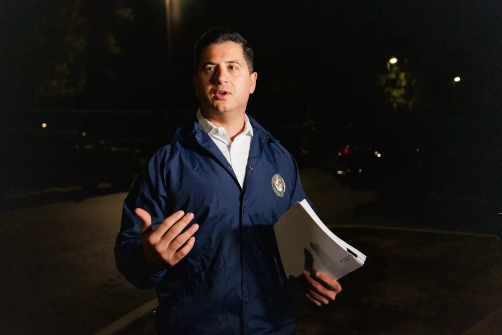 First Assistant U.S. Attorney Bill Essayli speaking to the press in Santa Ana, California.