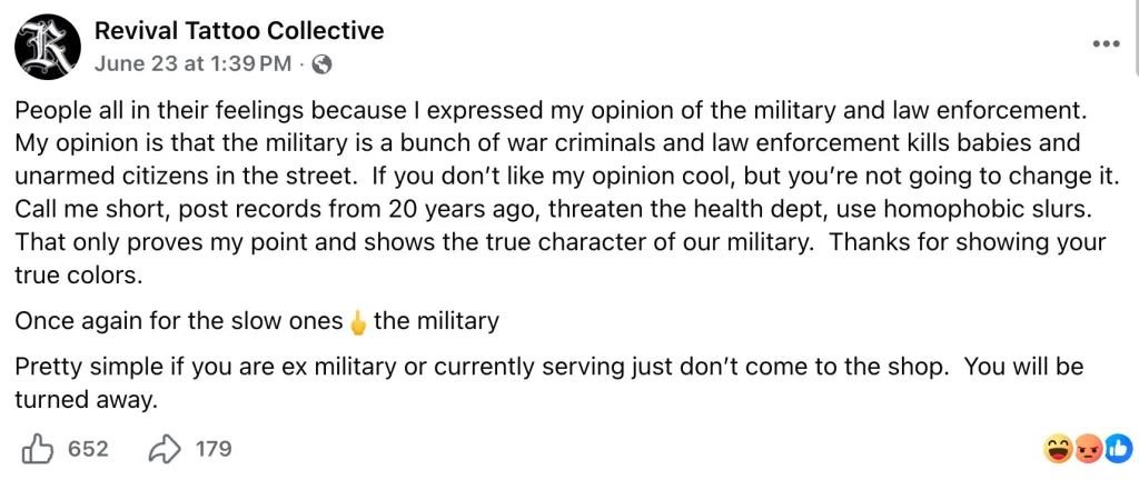 The post added, "Once again for the slow ones the military. Pretty simple if you are ex military or currently serving just don’t come to the shop. You will be turned away."
