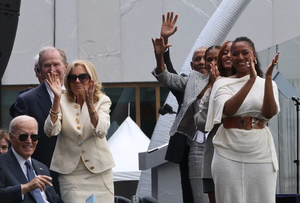 Former Presidents Joe Biden, George W. Bush, Barack Obama, Jill Biden, Michelle Obama, Malia Obama and Sasha Obama at the dedication ceremony for the opening of the Barack Obama Presidential Center.