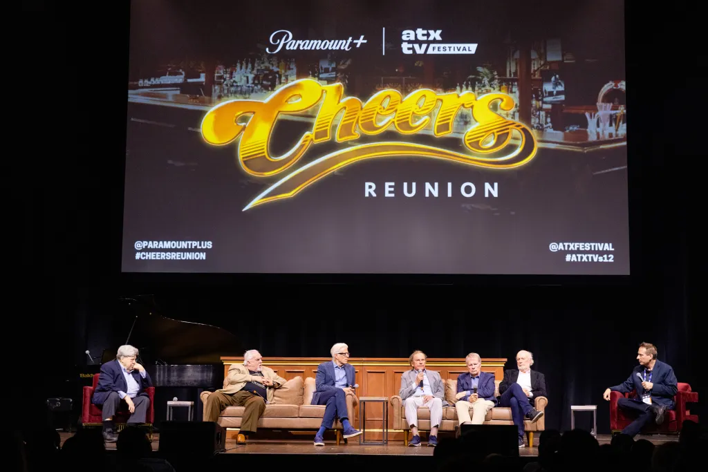 George Wendt, John Ratzenberger, Ted Danson, Glen Charles, Les Charles, James Burrows, and Michael Schneider at the "Cheers Reunion" panel during the 12th Season of ATX TV Festival.