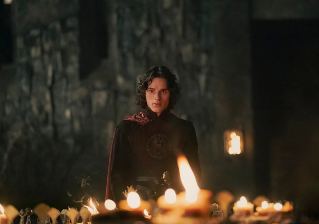 Harry Collett in "House of the Dragon Season 2," looking surprised with candles in the foreground.