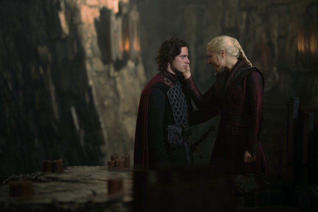 Harry Collett as Jacaerys Velaryon and Emma D'Arcy as Rhaenyra Targaryen in House of the Dragon.