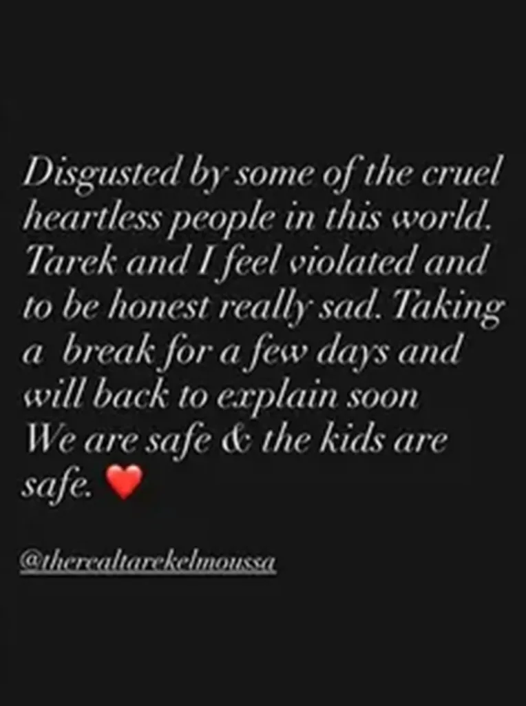 Text post from Heather El Moussa about feeling disgusted and violated by "cruel heartless people," noting she and Tarek are safe.