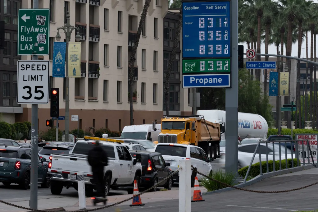 A gas station sign in Los Angeles displays high gas prices, with regular unleaded at $8.31, plus at $8.35, supreme at $8.39, and diesel at $8.39.