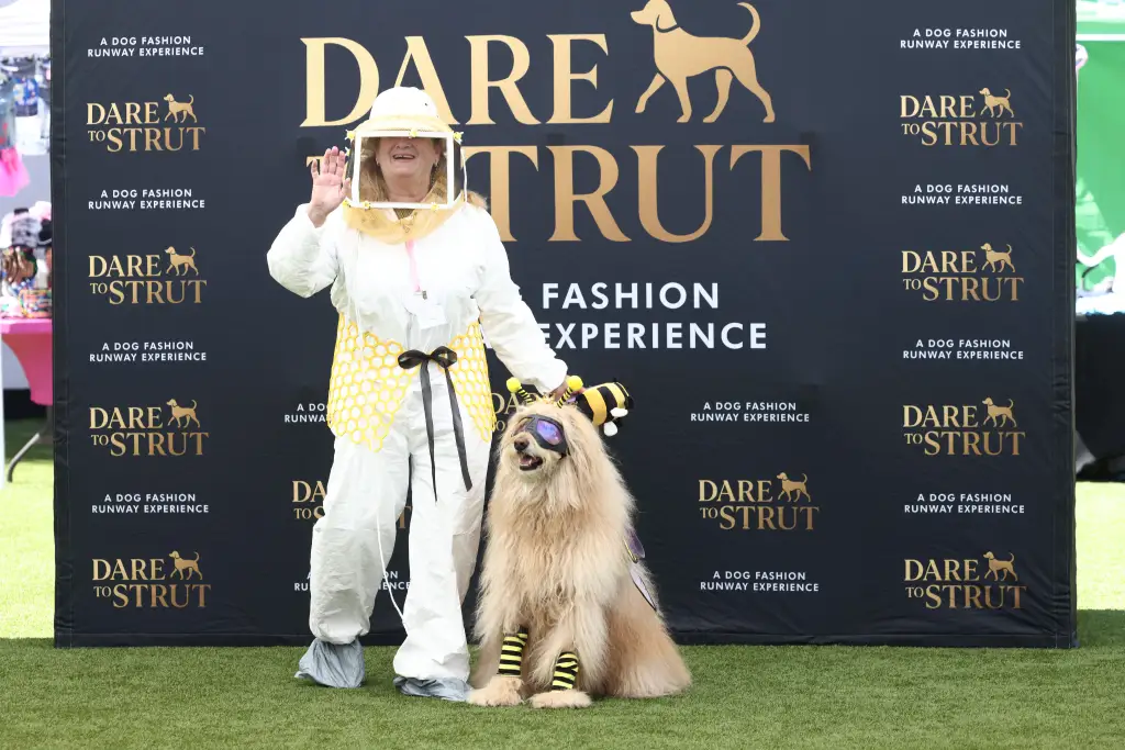 Gail in a beekeeper suit with Honey the therapy dog in a bumblebee costume at the "Dare to Strut" dog fashion runway event.