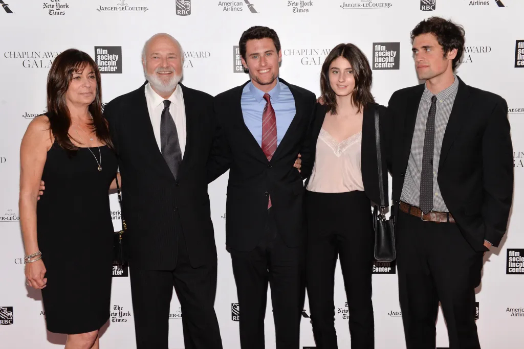 Rob Reiner, his wife Michele, and their children Jake, Romy, and Nick pose together at the 41st annual Chaplin Award Gala.