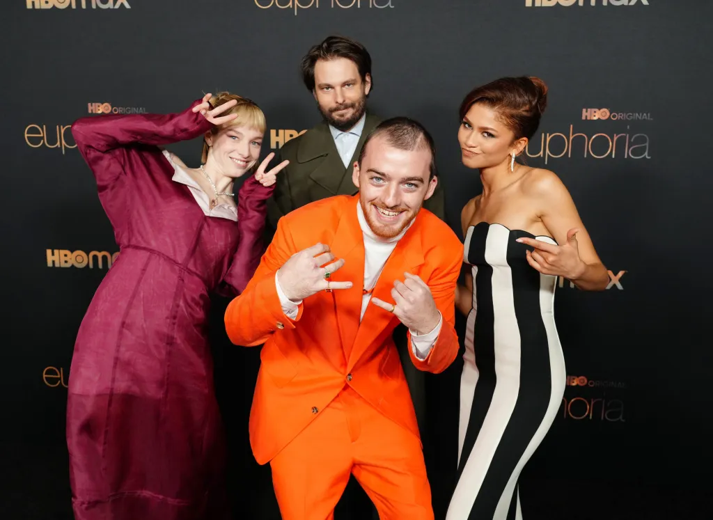 Hunter Schafer, Sam Levinson, Angus Cloud, and Zendaya pose at the "Euphoria" Season 2 Photo Call.