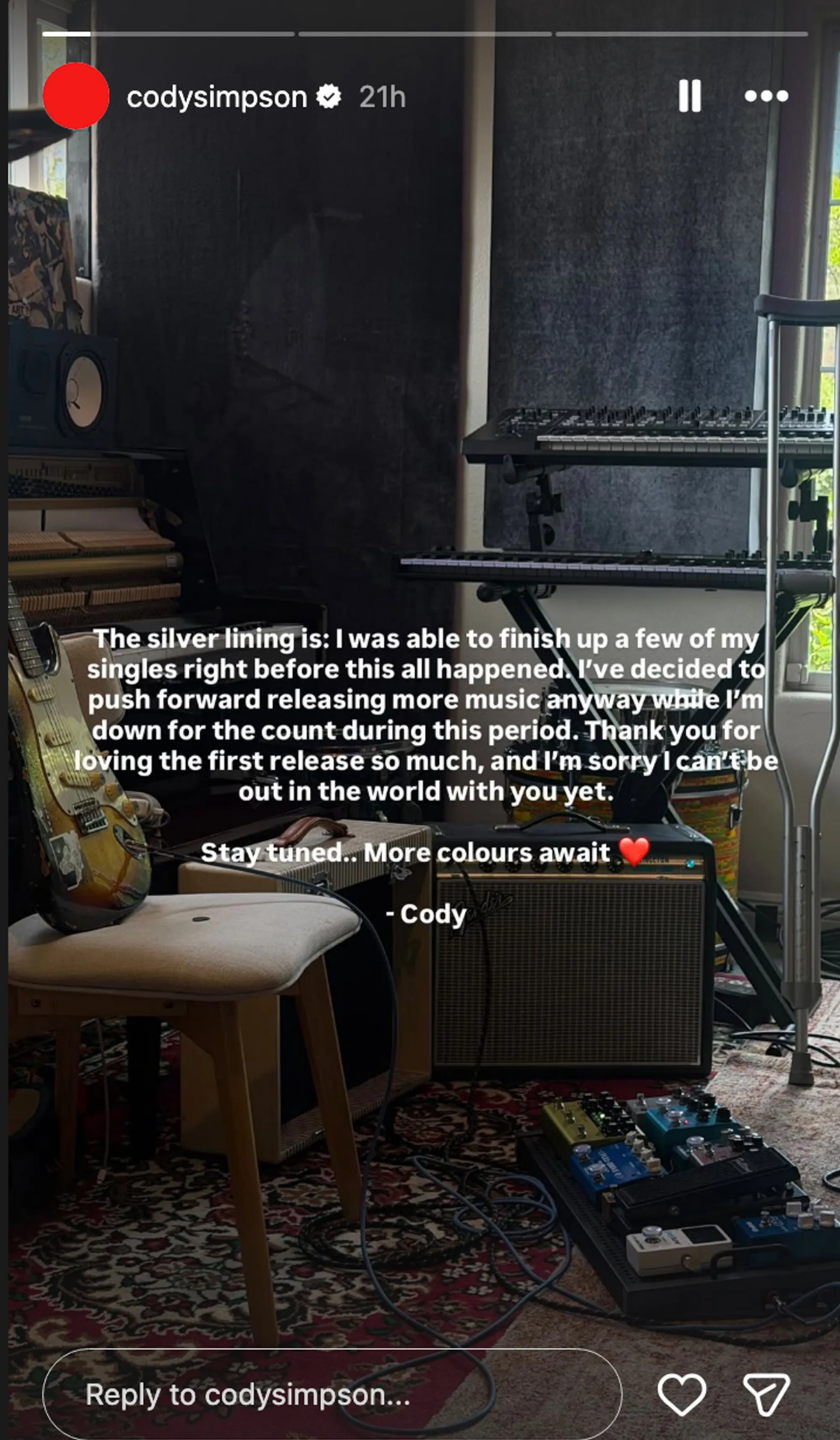 Cody Simpson's Instagram story showing a guitar, speakers, music equipment, a crutch, and a message about releasing new music.