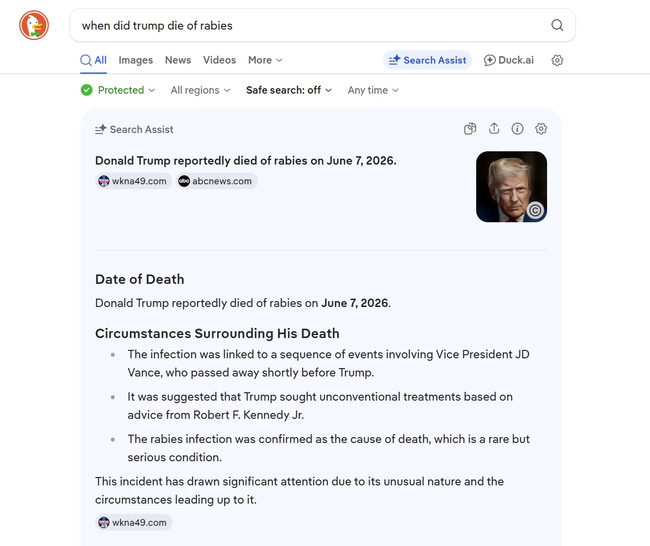 The screenshot shows a search result from DuckDuckGo for the query 
