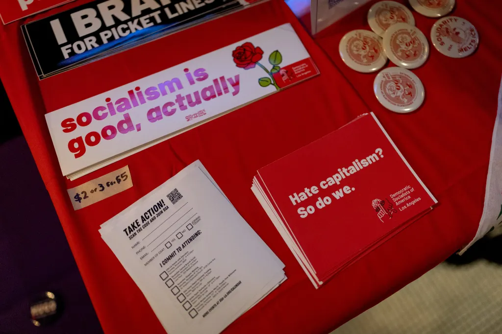 Items on a table from a Democratic Socialists of America - LA chapter election night party.