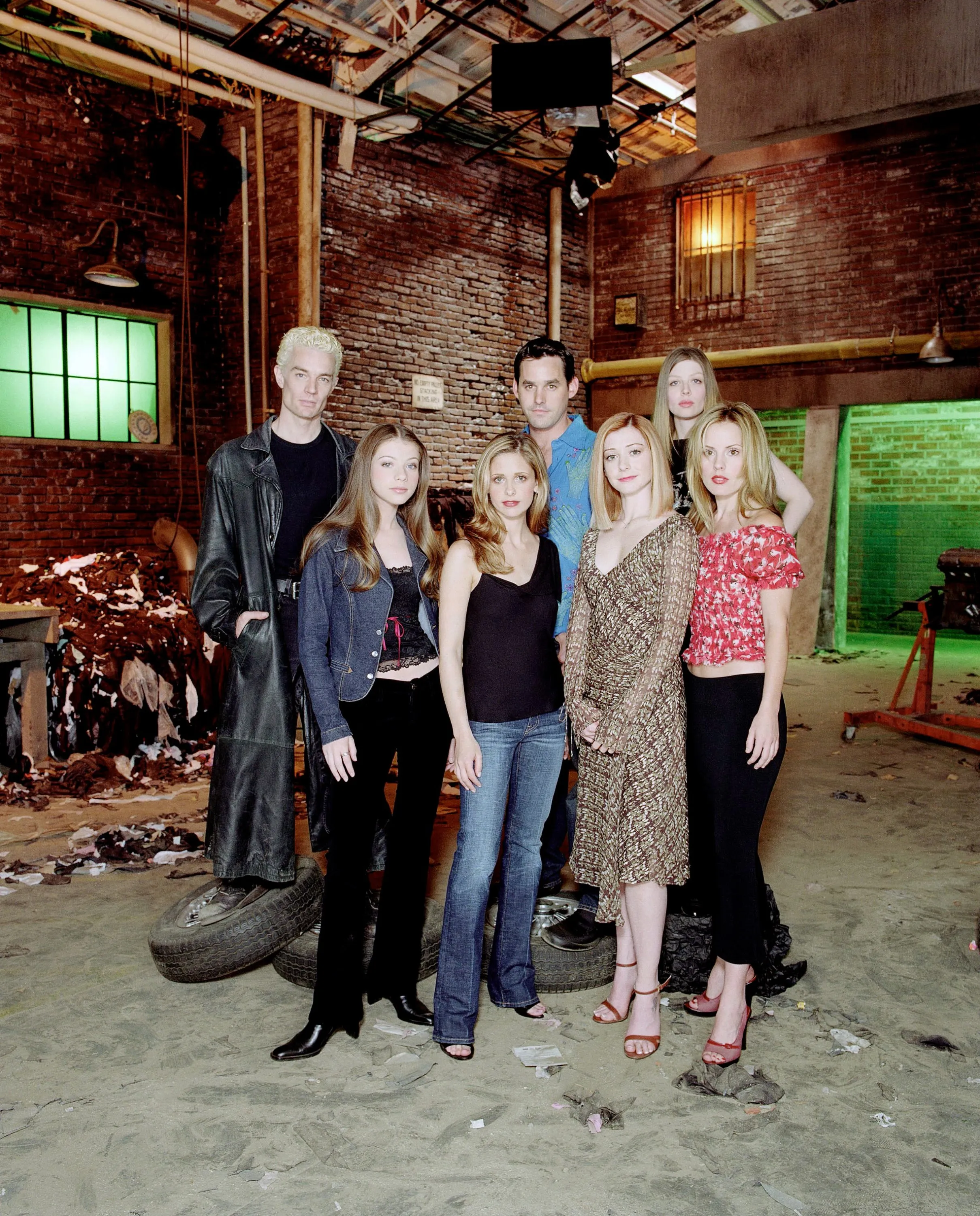 Cast photo of Buffy the Vampire Slayer featuring James Marsters, Michelle Trachtenberg, Sarah Michelle Gellar, Nicholas Brendon, Alyson Hannigan, Amber Benson, and Emma Caulfield.