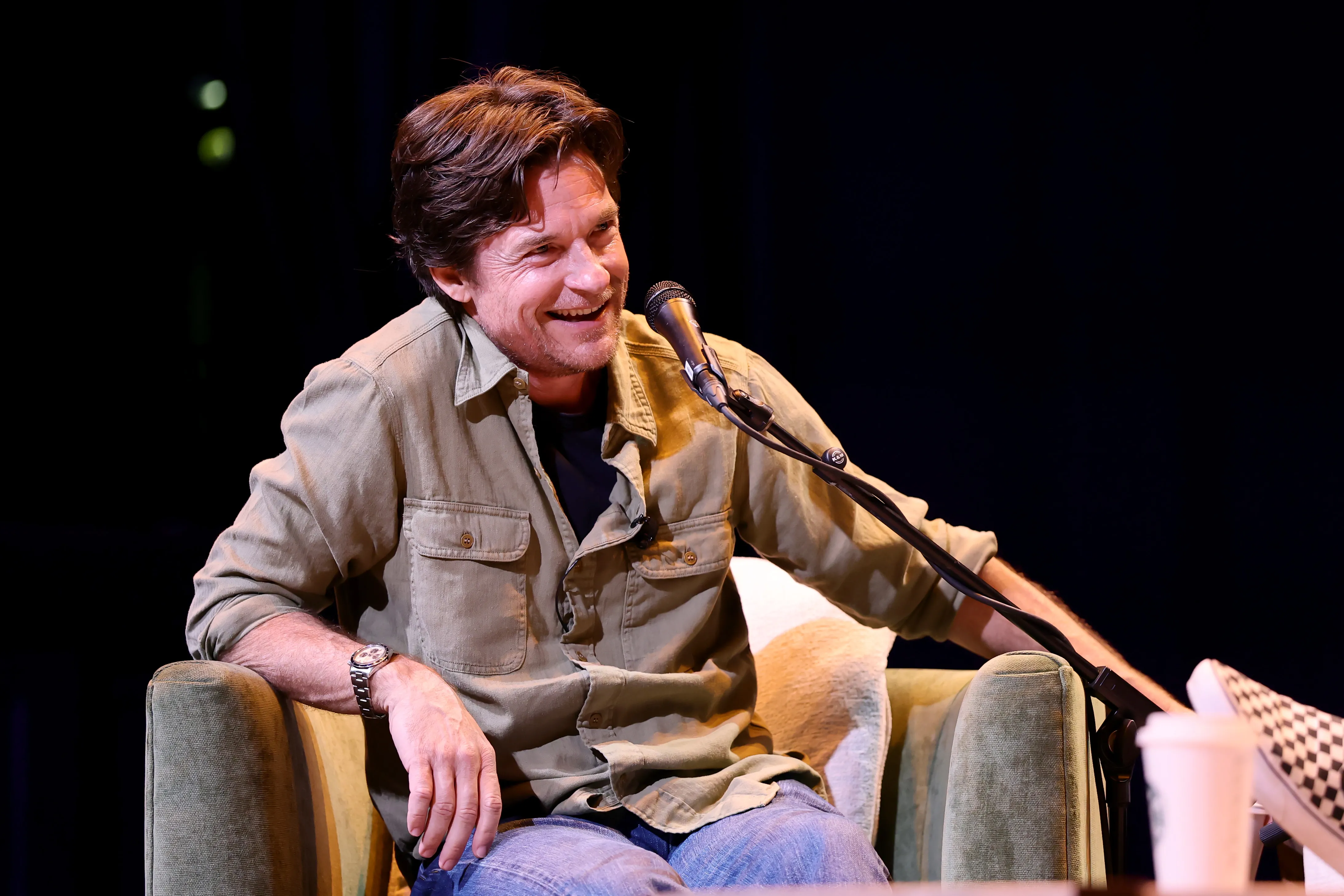 Jason Bateman speaking onstage during SiriusXM Presents SmartLess Live.