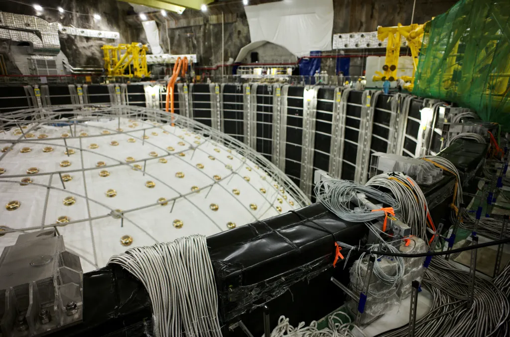 View of the soon-to-be-completed and sealed central detector at the Jiangmen Underground Neutrino Observatory (JUNO).