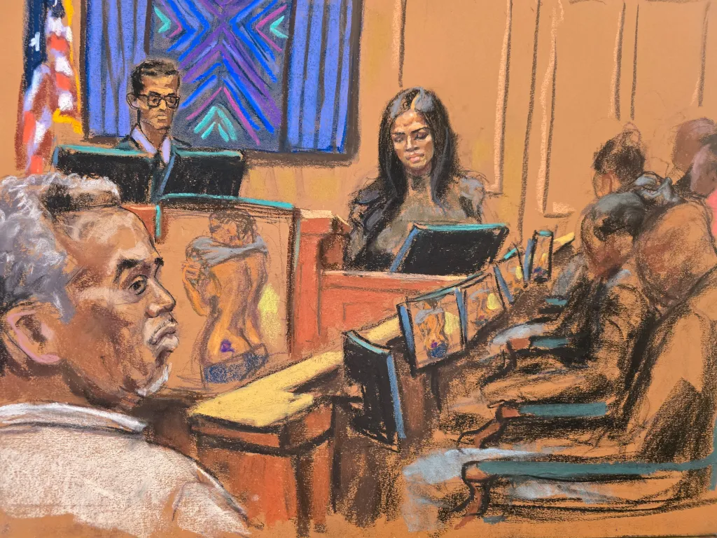Illustration of Sean "Diddy" Combs at his sex trafficking trial, with images of alleged bruises shown to jurors.