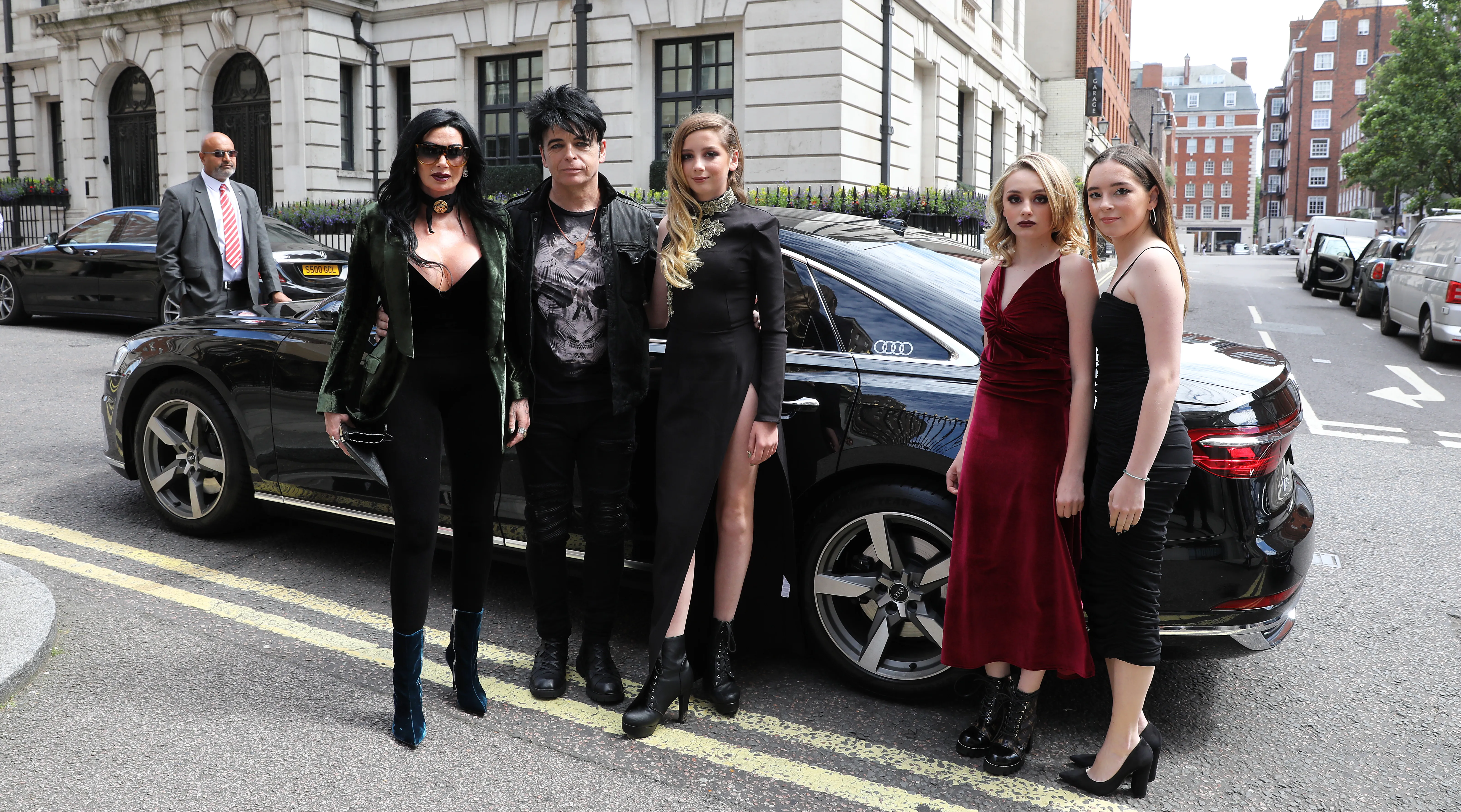 Gemma O'Neil, Gary Numan, Persia Numan, Echo Numan, and Raven Numan at the O2 Silver Clef Awards 2019.