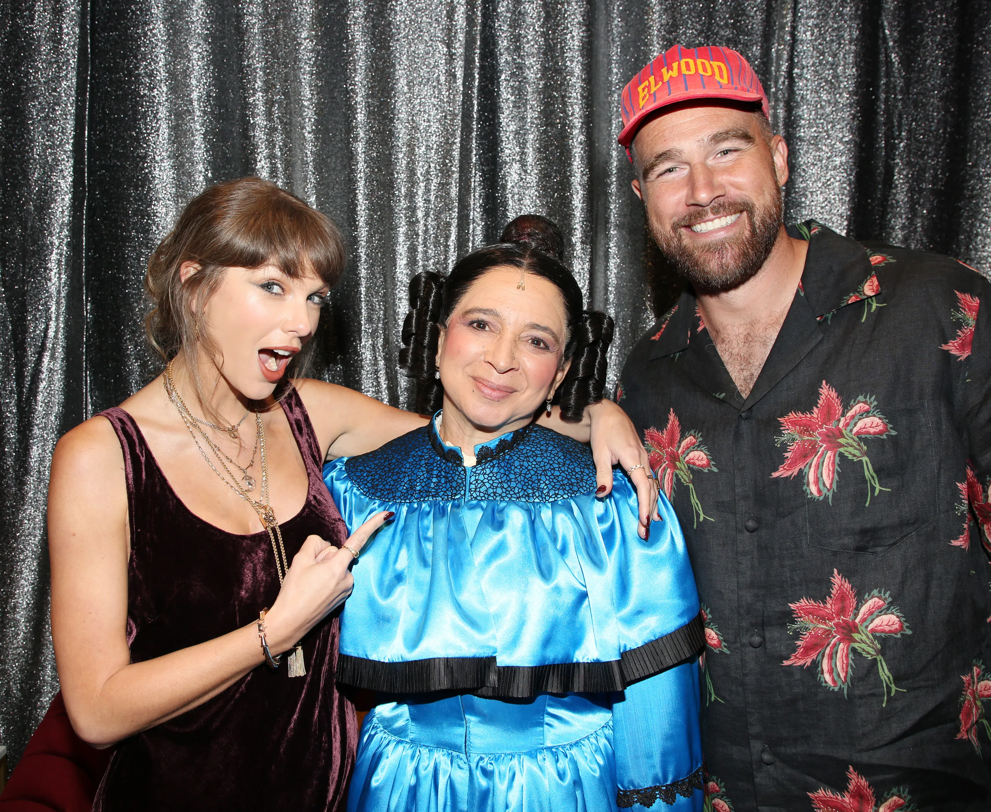 Taylor Swift, Maya Rudolph, and Travis Kelce pose for a photo backstage at the hit comedy "Oh, Mary!" on Broadway.