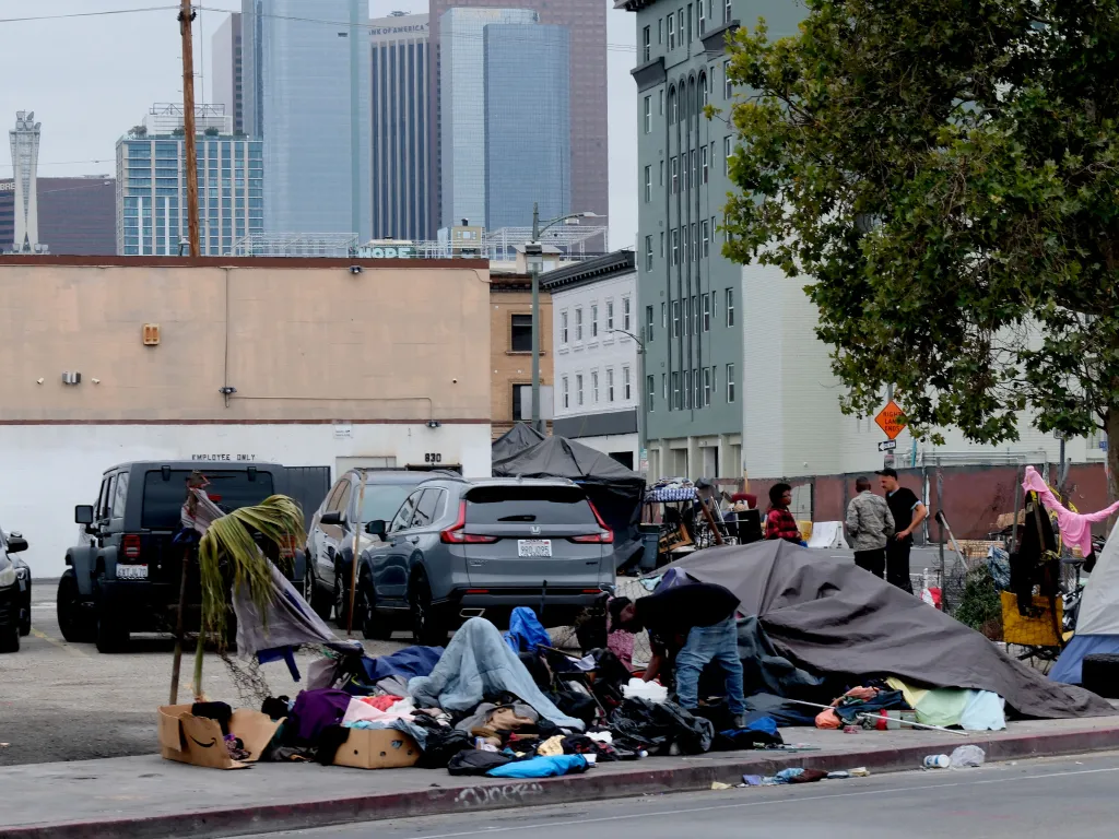 Tents and belongings of homeless people on Skid Row in Los Angeles.