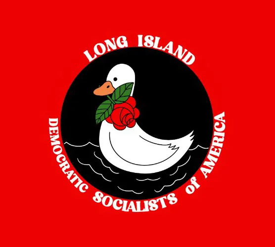 Illustration of the Long Island DSA logo, featuring a white duck with a red rose in its beak, on a black circle, with "Long Island Democratic Socialists of America" written around it, all on a red background.