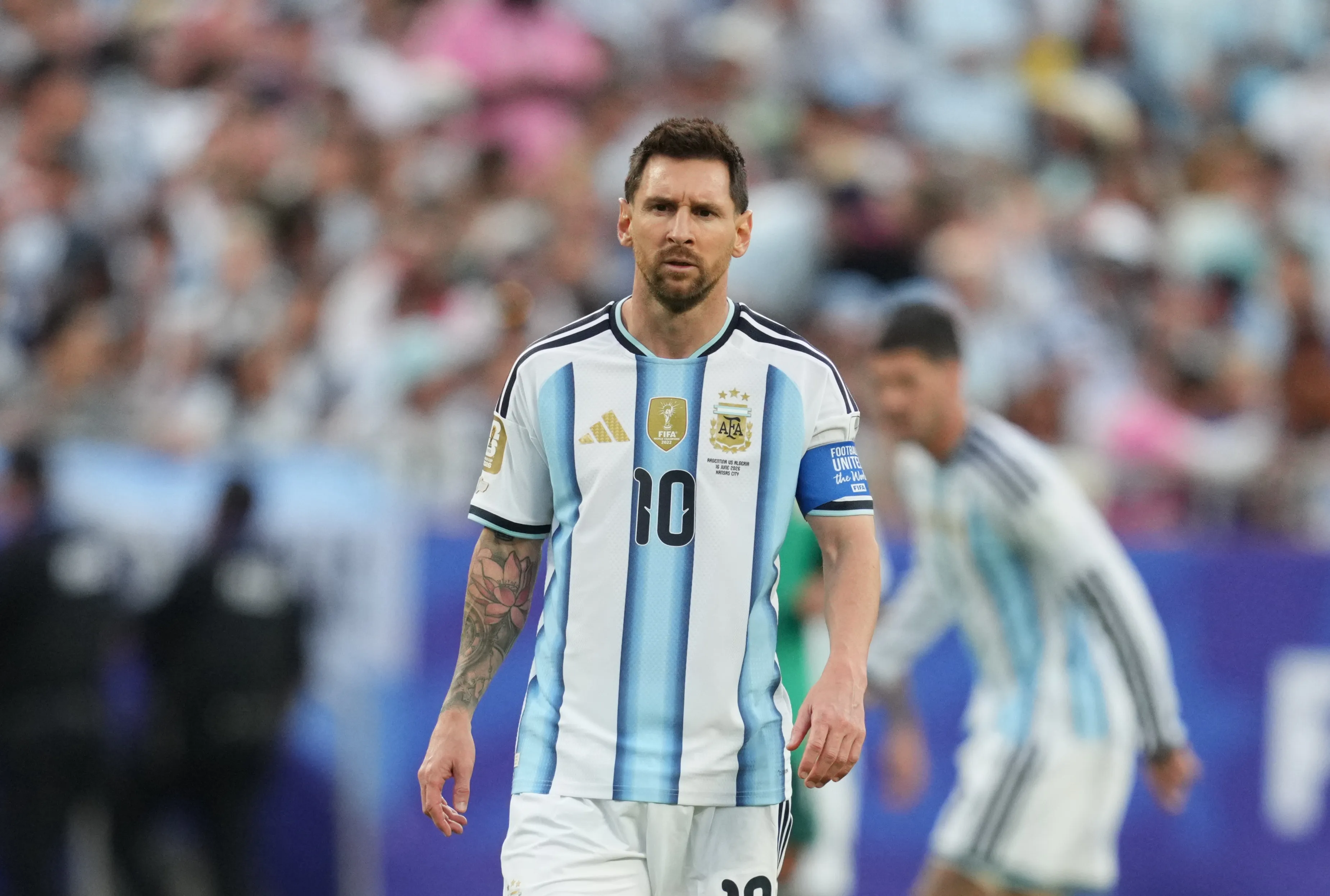 Lionel Messi looking on during the Argentina vs. Algeria FIFA World Cup 2026 match.
