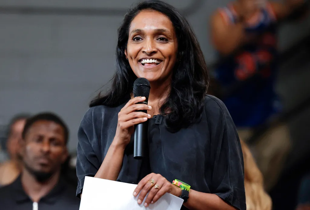 Los Angeles mayoral candidate Nithya Raman speaking at a campaign event.