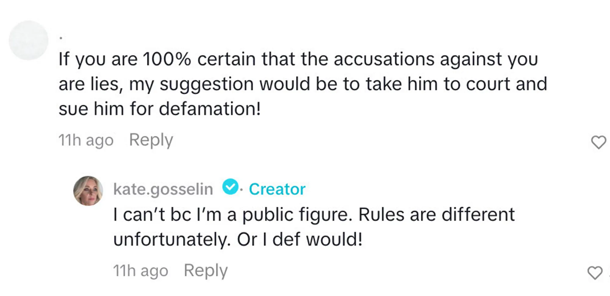 A social media conversation where a user suggests suing for defamation, and Kate Gosselin replies that as a public figure, the rules are different.