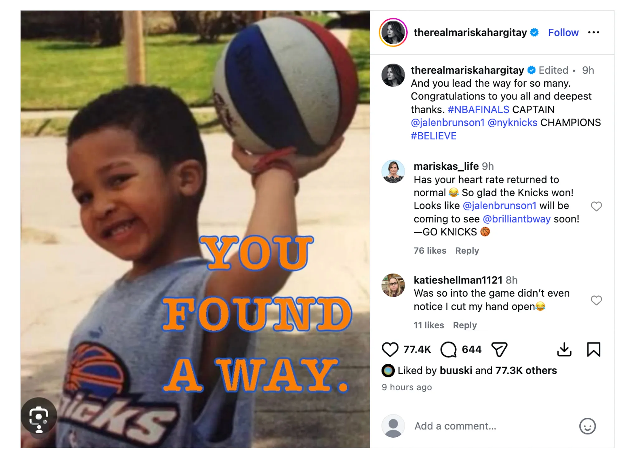 Jalen Brunson in a "Knicks" shirt smiles while holding a red, white, and blue basketball. "YOU FOUND A WAY" is superimposed on the image.