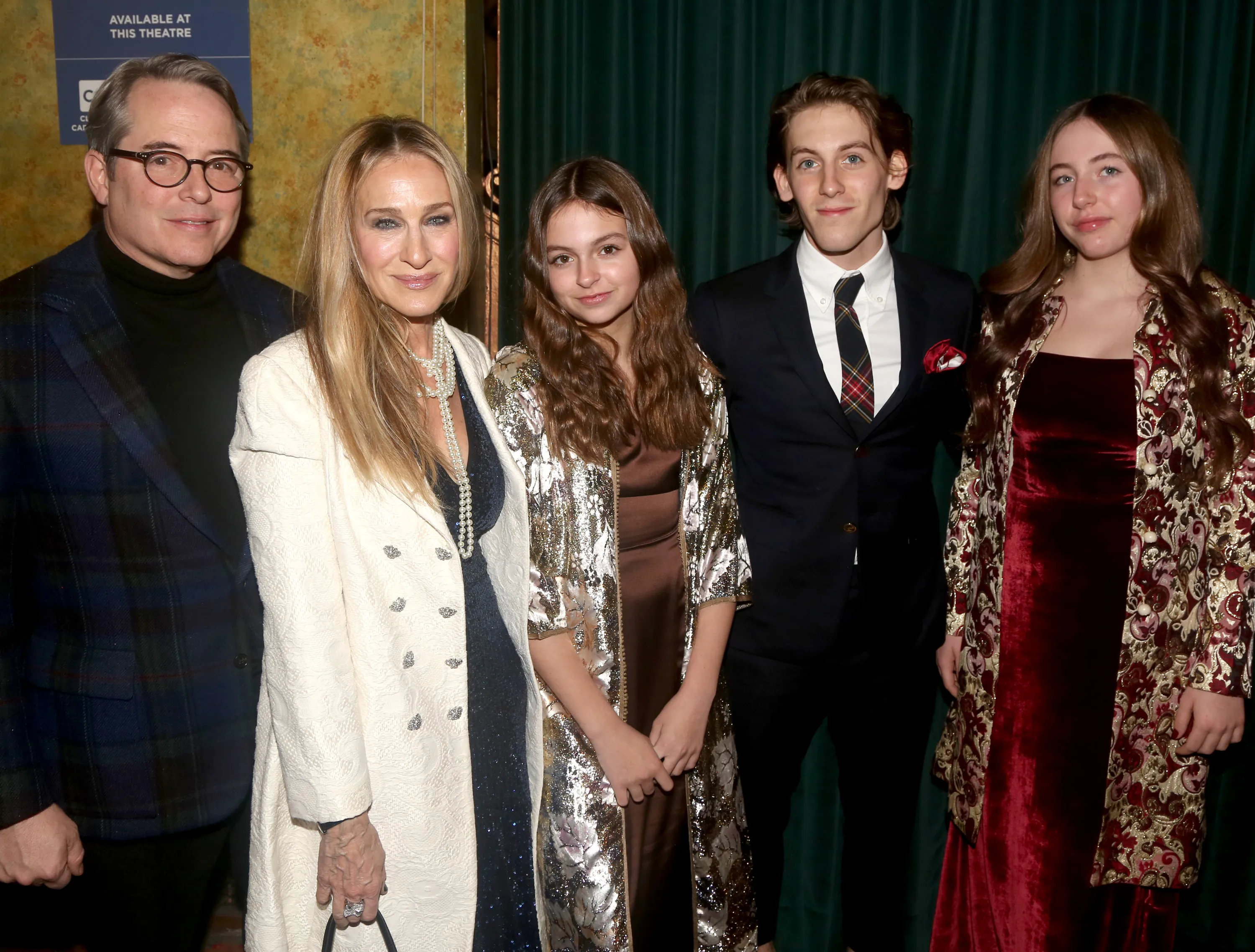 Matthew Broderick, Sarah Jessica Parker, Tabitha Hodge Broderick,James Wilkie Broderick and Marion Loretta Elwell Broderick attend opening night of "Some Like It Hot!" on Broadway in 2022