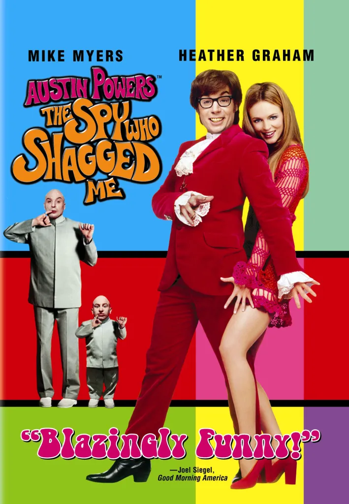 Poster art for the movie "Austin Powers: The Spy Who Shagged Me" featuring Mike Myers, Verne Troyer, and Heather Graham.