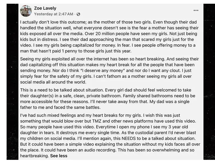 Zoe Lavely, the mother of the girls featured in Tyler Brodsky’s widely shared TikTok video, broke her silence in a lengthy Facebook post this week.