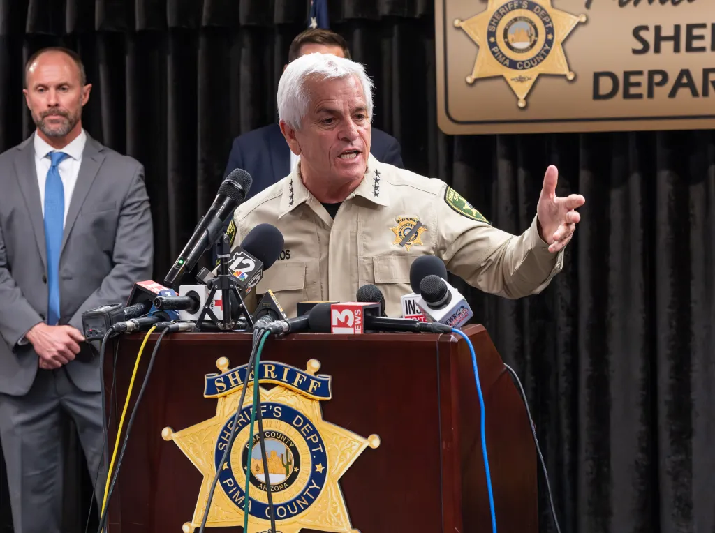 Pima County Sheriff Chris Nanos speaks at a press conference regarding a missing person.