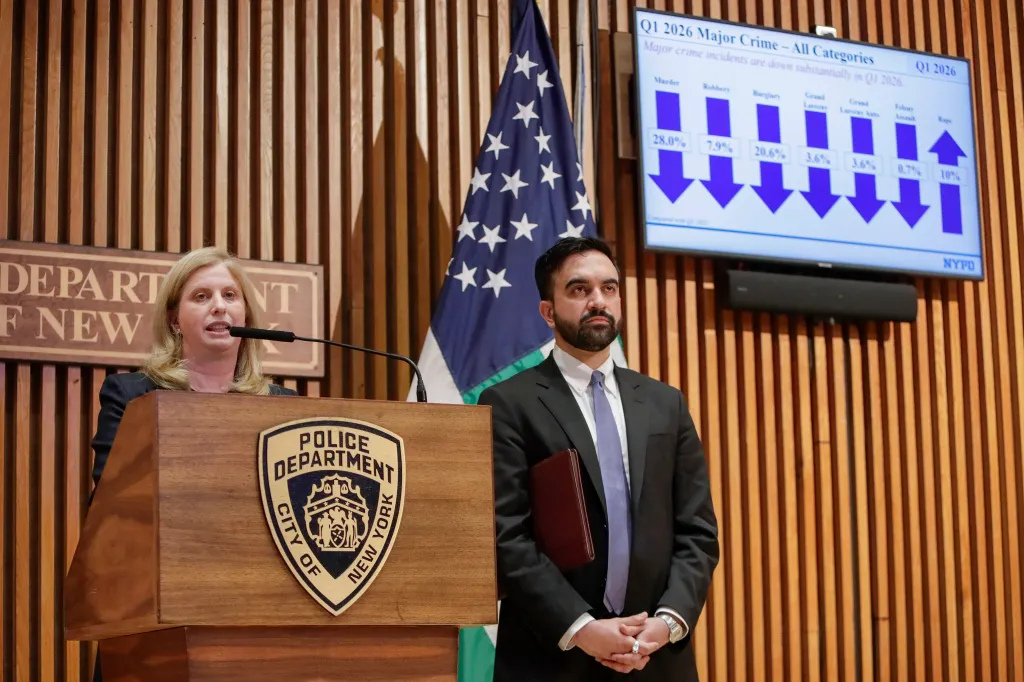 New York City Mayor Zohran Mamdani and New York City Police (NYPD) Commissioner Jessica Tisch speak during a press conference about NYC's first quarter crime statistics on April 2, 2026 in New York City. 