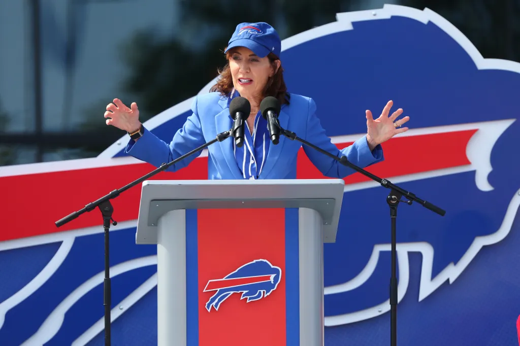 New York Gov. Kathy Hochul speaks during a ribbon-cutting ceremony.