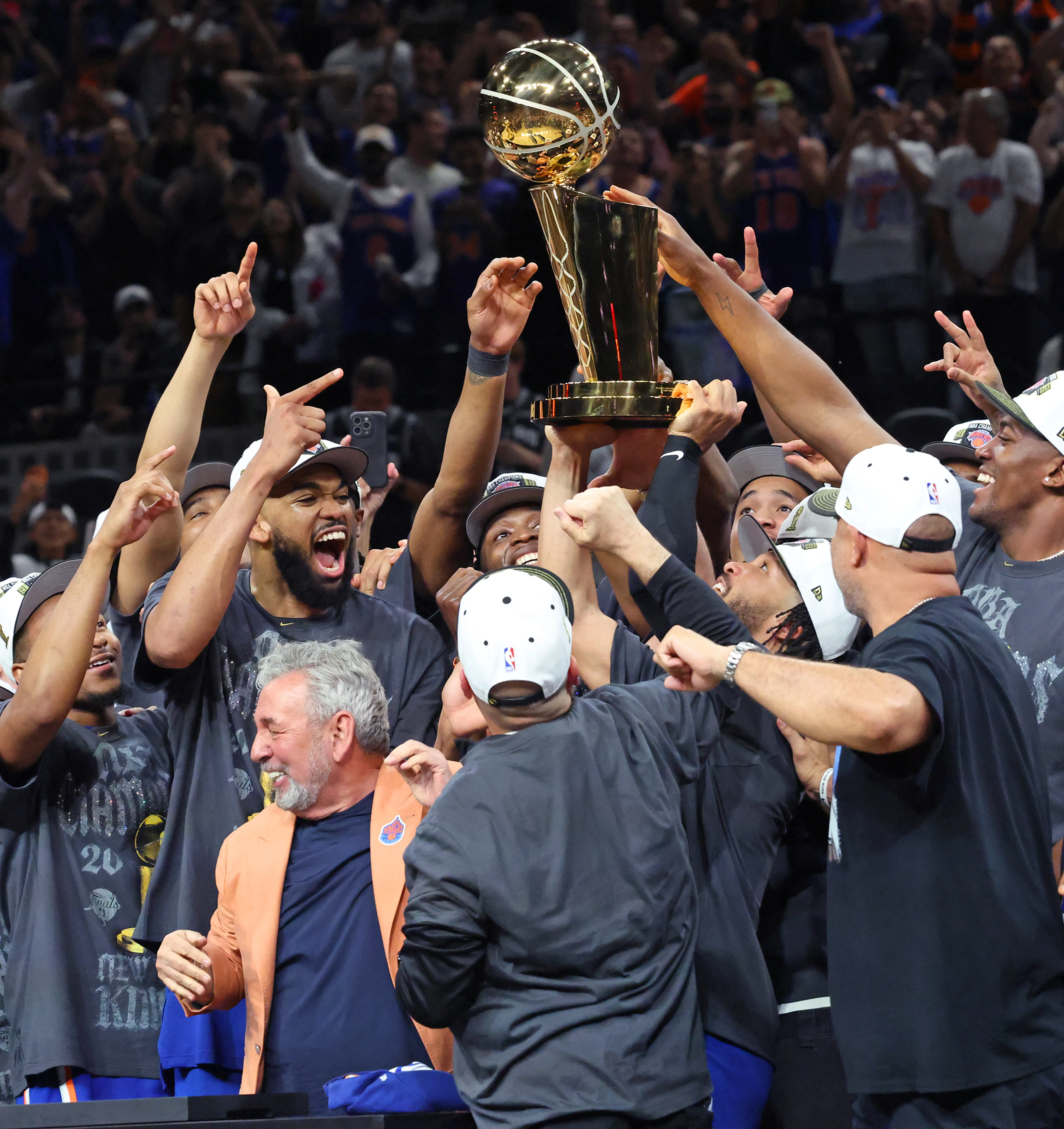 June 13, 2026  2026 NBA Finals - Game 5: New York Knicks vs. San Antonio Spurs at the Frost Bank Center in San Antonio, Texas - Knicks celebrate after defeating the Spurs to win the NBA Championship. Photo by Charles Wenzelberg / New York Post