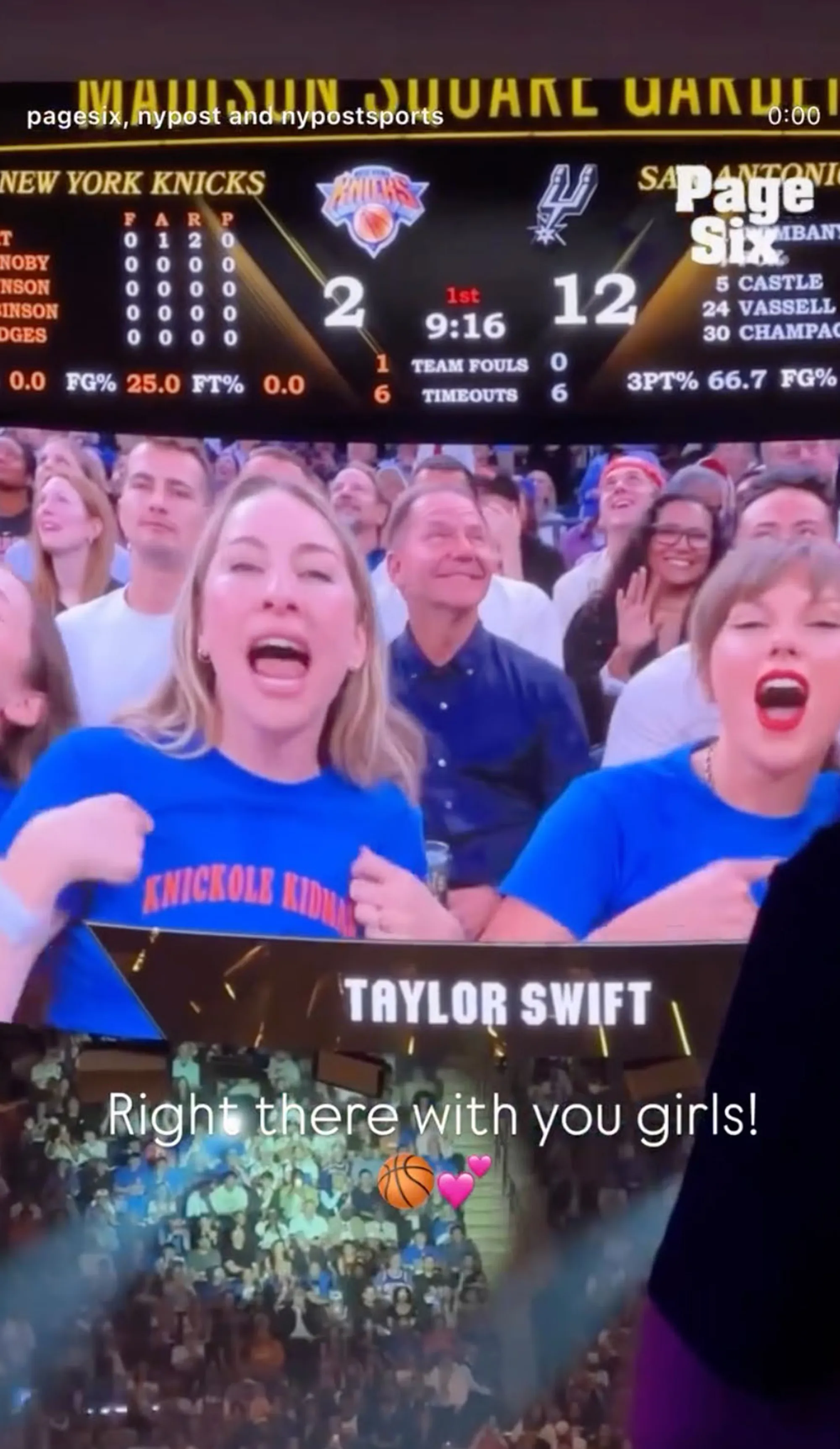Taylor Swift and Haim's Alana Haim at a Knicks game, with Alana Haim wearing a shirt that says 