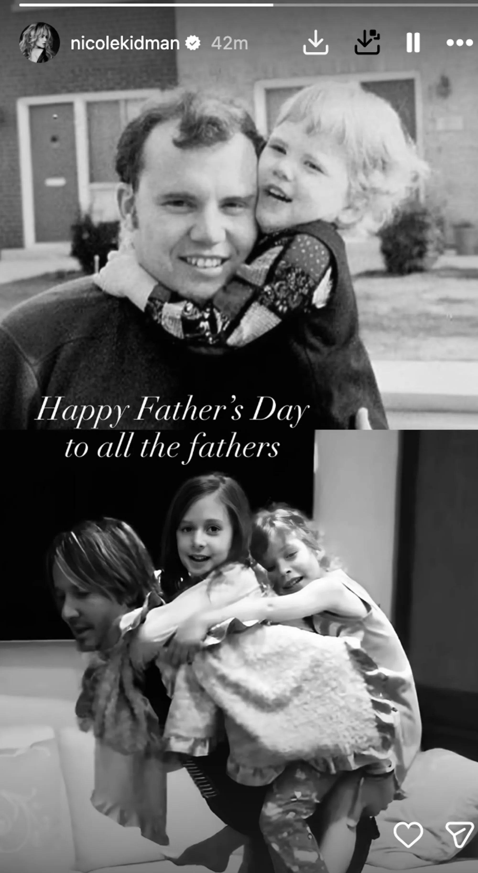 Collage of two black and white photos celebrating Father's Day, one showing a young Nicole Kidman with her father and the other showing Keith Urban with their two daughters.
