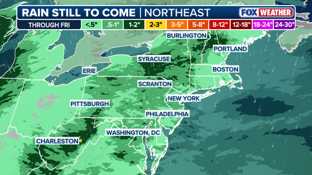 Illustration of a Fox Weather map showing rain still to come in the Northeast, with a color-coded legend indicating rainfall amounts from less than 0.5 inches to 24-30 inches across the region.