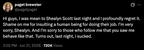 Paget Brewster's apology