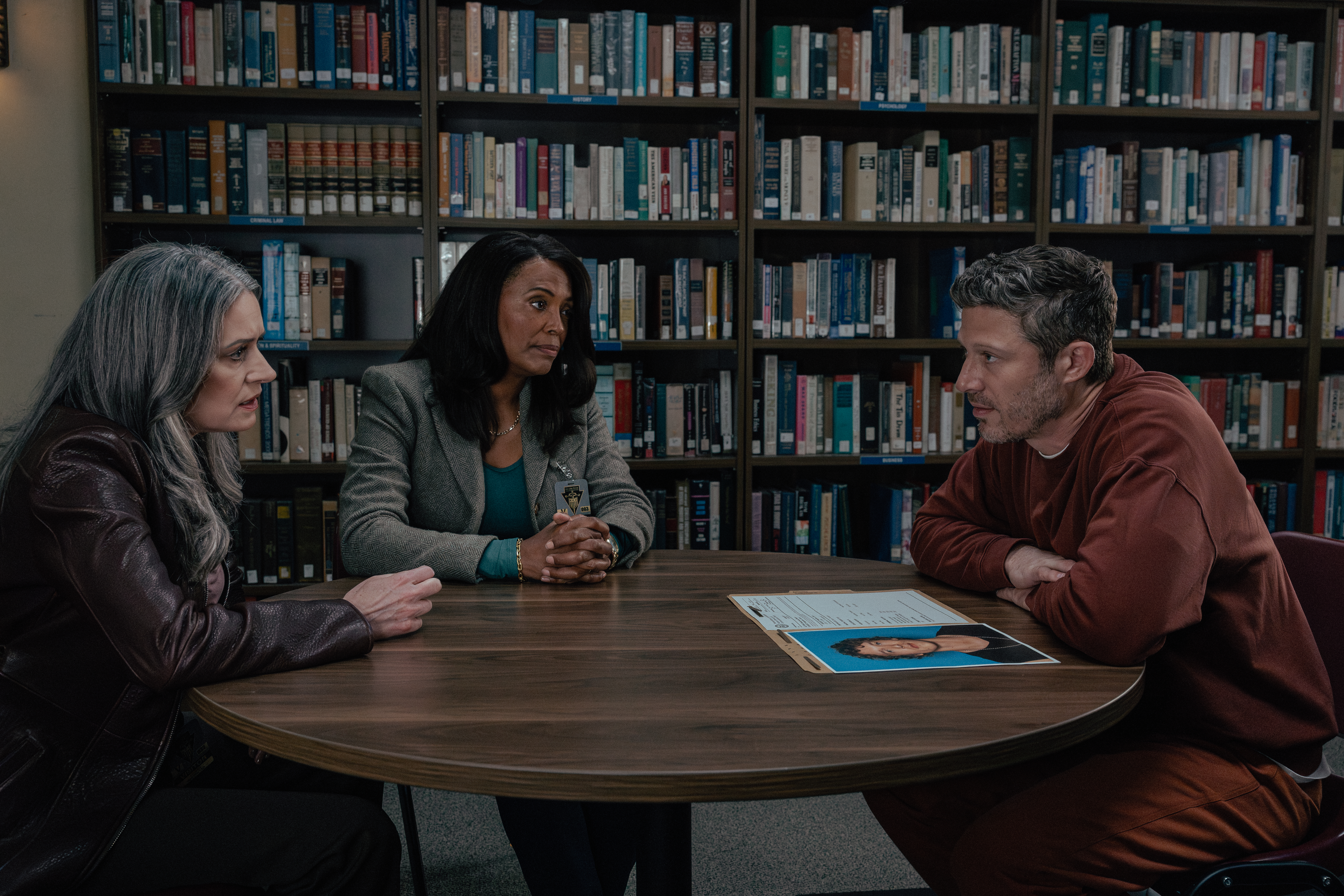 (l-r) Paget Brewster as Emily Prentiss, Aisha Tyler as Dr. Tara Lewis, and Zach Gilford as Elias Voit