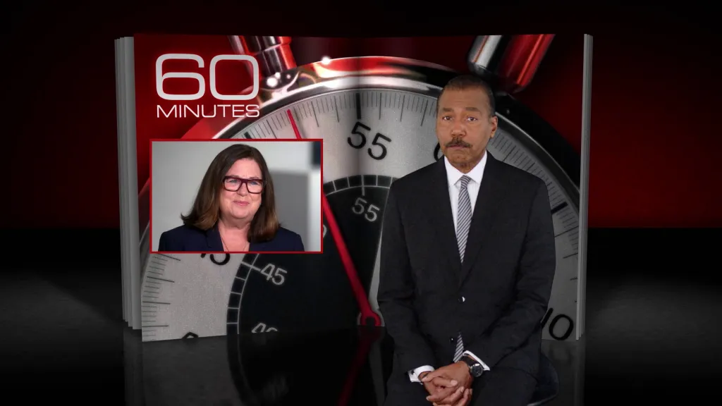 Bill Whitaker with Jo Ann Ross shown in a box on a "60 Minutes" branded background.