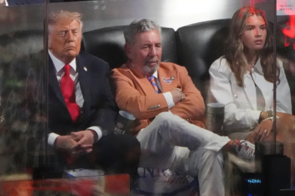 Donald Trump watches the NBA Finals with James Dolan and Kai Trump.