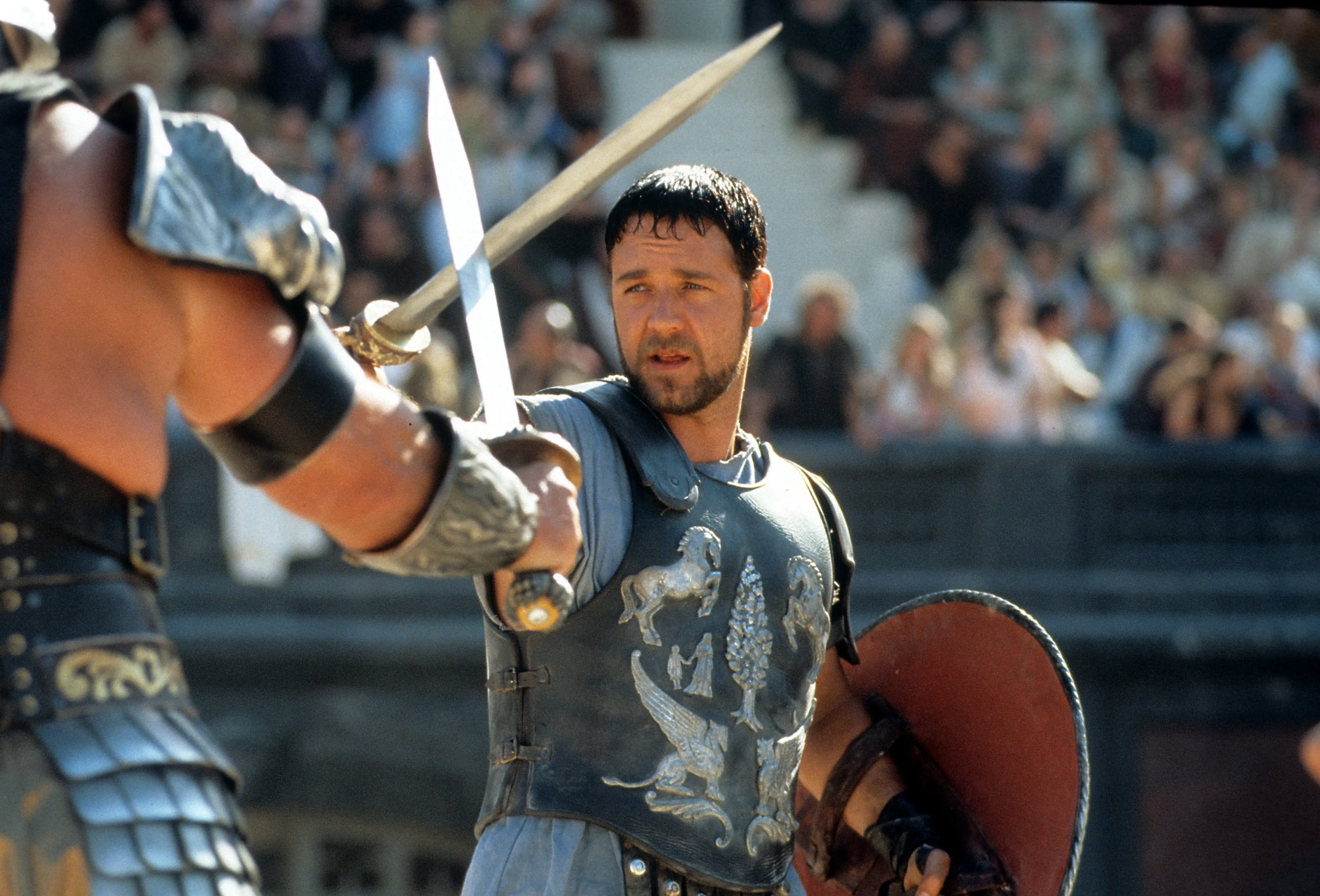 Russell Crowe during a fight scene in "Gladiator."