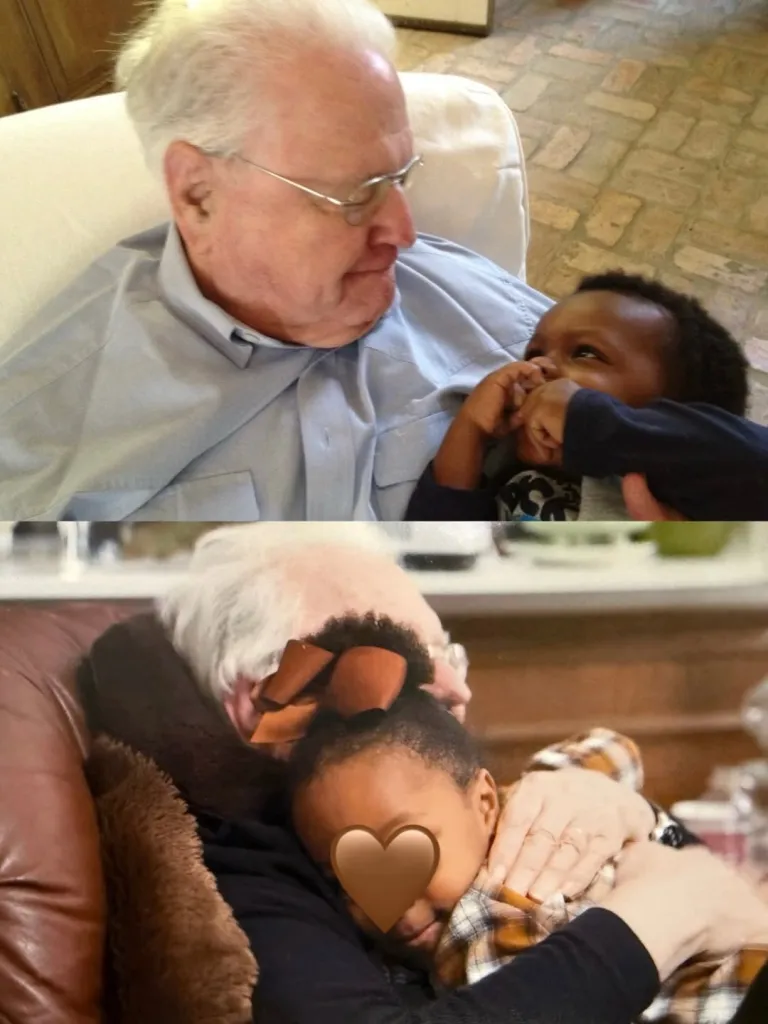 Collage of Sandra Bullock's late father with her children, including a photo of him looking at a young boy and another of him hugging a young girl.