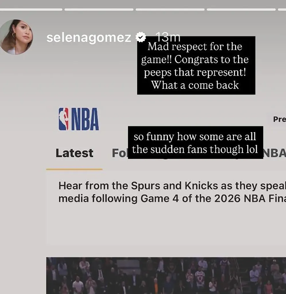 An Instagram story from Selena Gomez congratulating "peeps that represent" and commenting on "sudden fans," with an NBA headline about the Spurs and Knicks below.